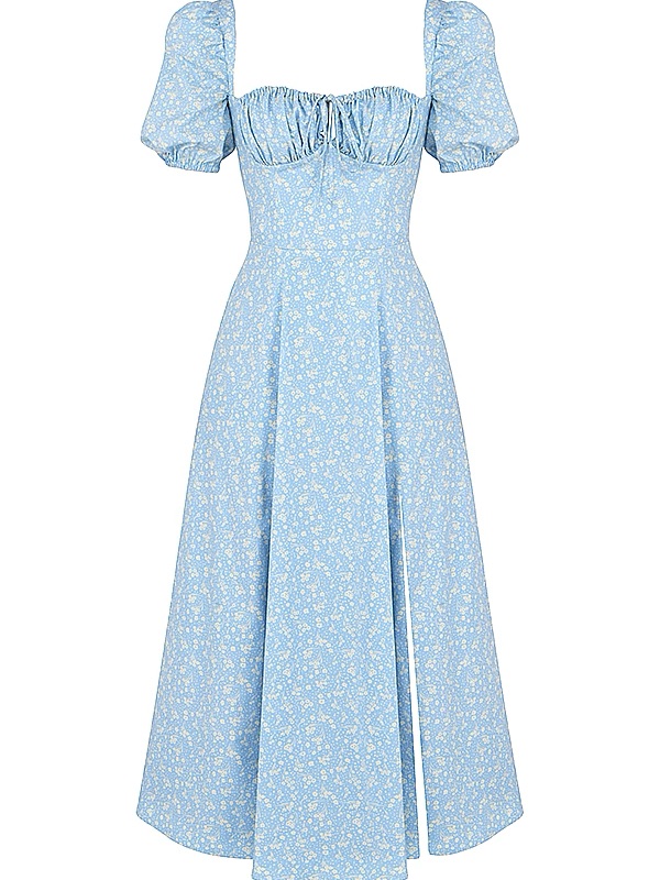 House Of Cb Light Blue Floral Puff-Sleeve Midi Dress